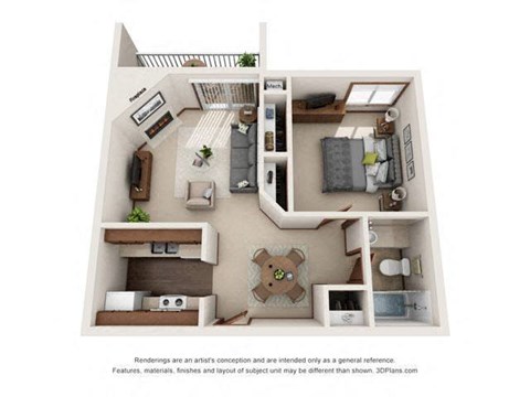Floor plan for 1 bed, 1 bath, 600 sqft